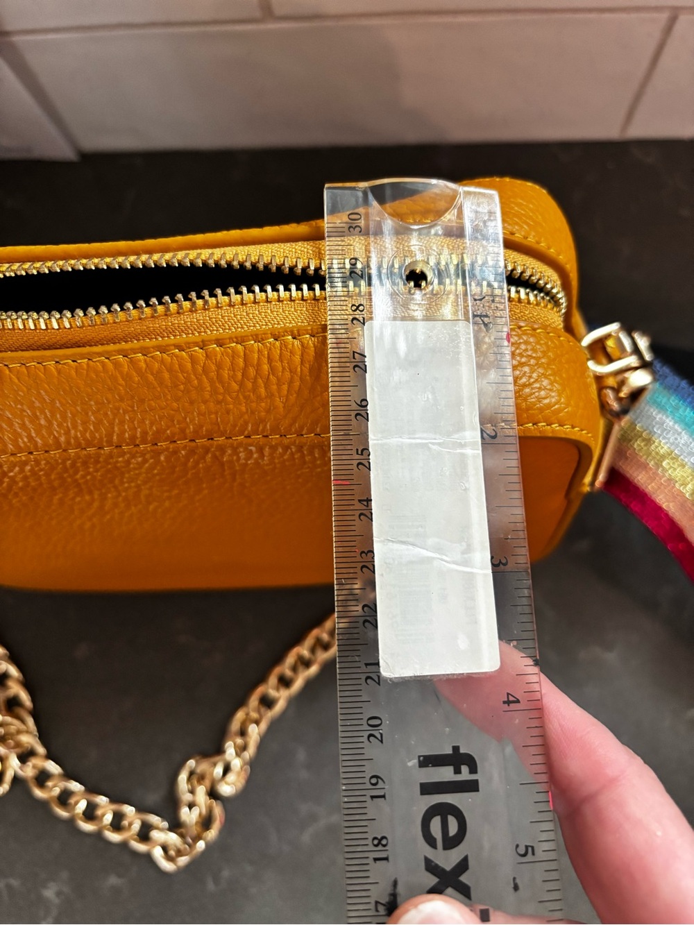 Compact Mustard Yellow Pebbled Leather Crossbody Bag with Gold Hardware - Picture 9 of 9
